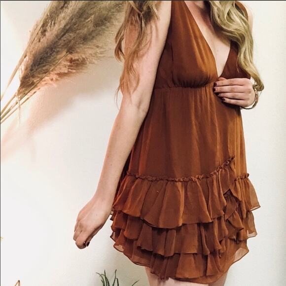 ELIZABETH AND JAMES Orange Rust Silk Ruffle Tank Sleeveless VNeck Mini Dress 4 - Picture 8 of 14